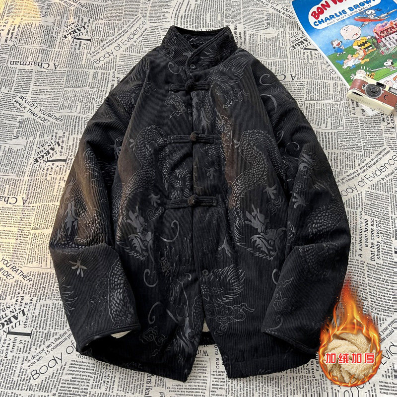 新中式F斜领盘扣龙纹暗花灯芯绒羊羔毛夹克棉衣服JK19-P135控158,男装棉衣,电商A005A