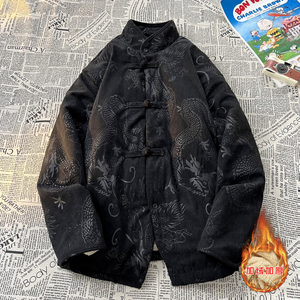 新中式J斜领盘扣龙纹暗花灯芯绒羊羔毛夹克棉衣服JK19-P135控158图片