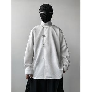 新中式E风缎面提花暗纹立领小众金属扣盘扣衬衫男CS13-P80控98，男装衬衫，电商A005A