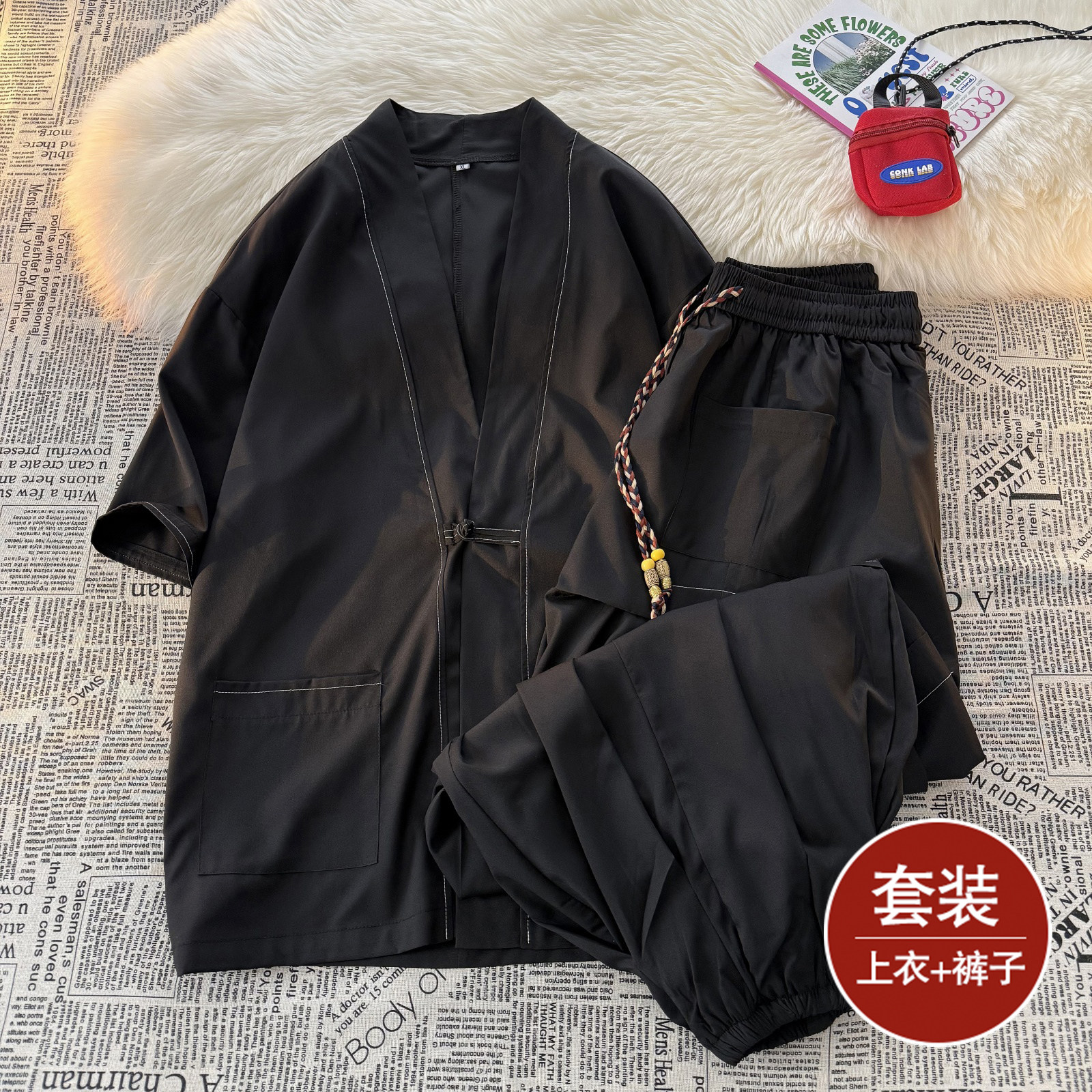风A冰丝盘扣明线开衫外套折褶阔腿裤男套装男TZ161-P130控158图片
