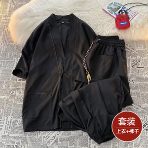 风A冰丝盘扣明线开衫外套折褶阔腿裤男套装男TZ161-P130控158图片