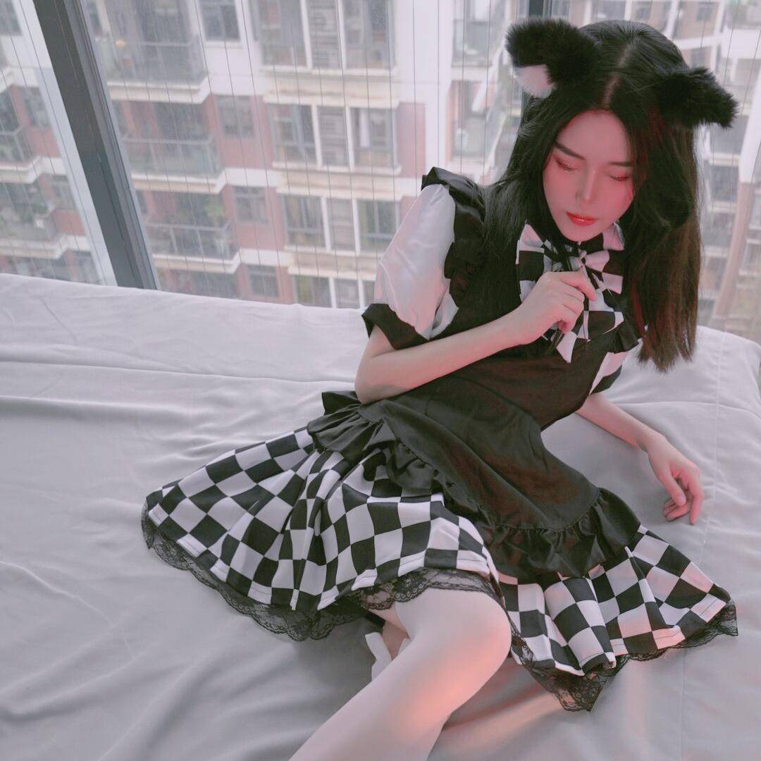 黑白格子女仆装 COS女仆服 大码变装女仆 游戏服