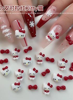 蝴蝶美甲饰品卡通安可拉红哈喽kitty猫咪红色蝴蝶结新年指甲钻饰