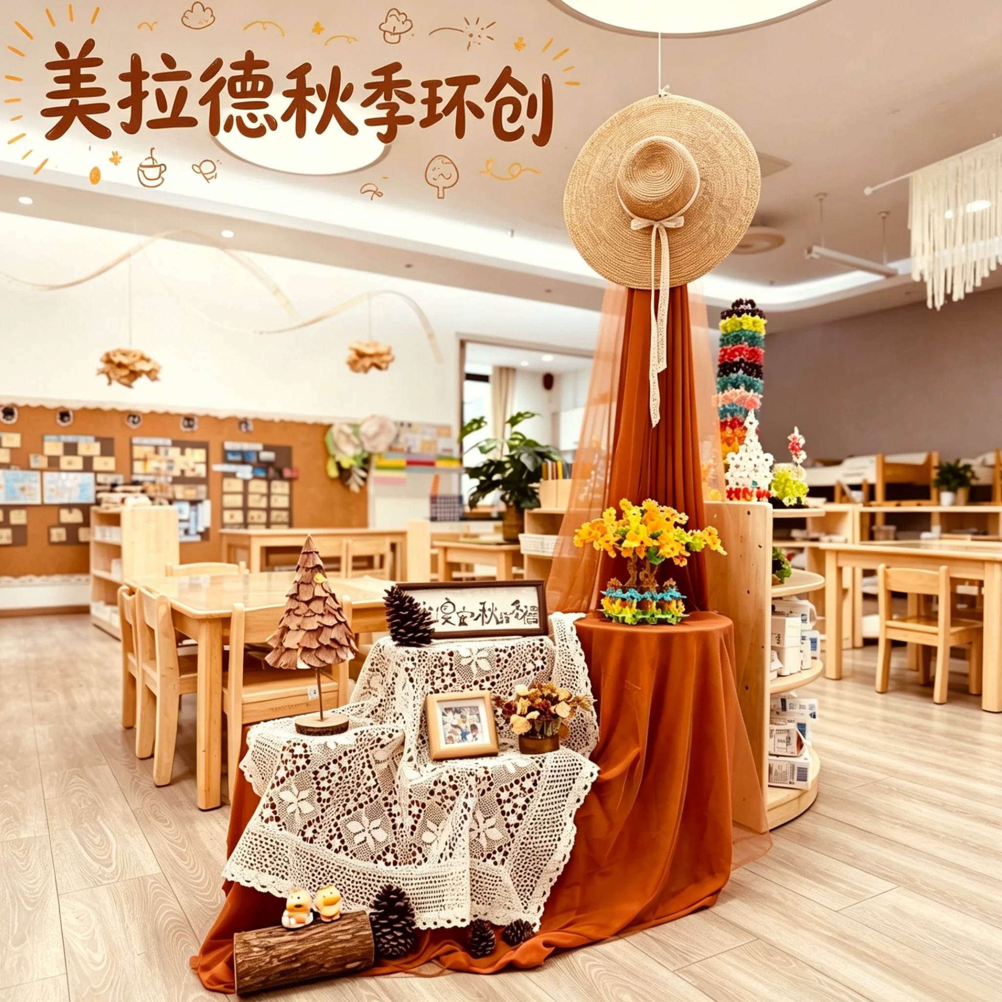 秋季美拉德色系环创空中悬挂吊饰幼儿园美工区环境布置焦糖色布幔