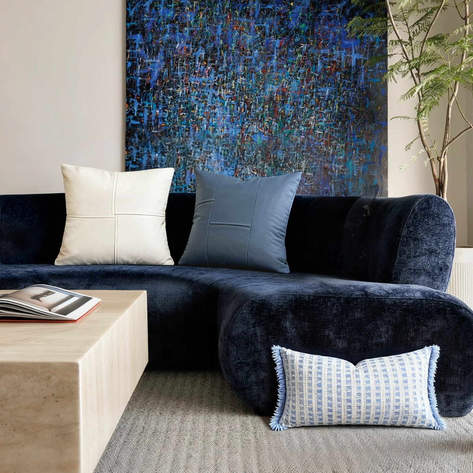 GULAN古兰抱枕蓝色轻奢高级感沙发客厅样板间包间羽丝绒靠枕腰枕