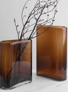 北欧简约大气不规则大扁桶养花玻璃花瓶设计新品软装桌面摆件