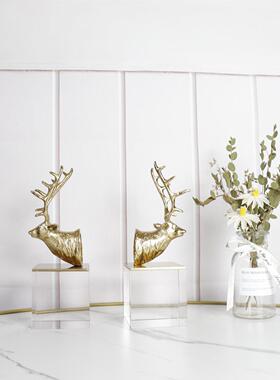 欧式简约现代水晶玻璃底座金属鹿头书立摆件书房样板房工艺装饰品
