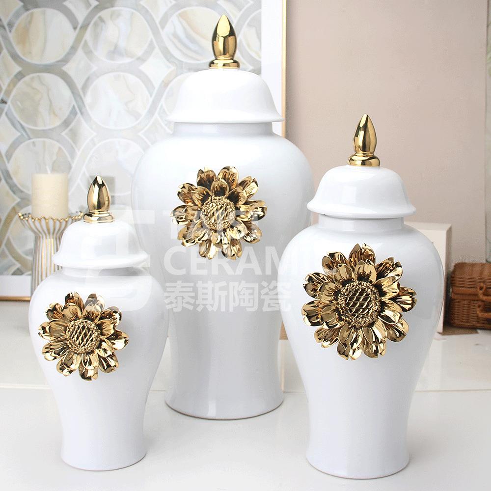 轻奢电镀金花陶瓷将军罐 玄关花瓶工艺品花插摆件样品房装饰品