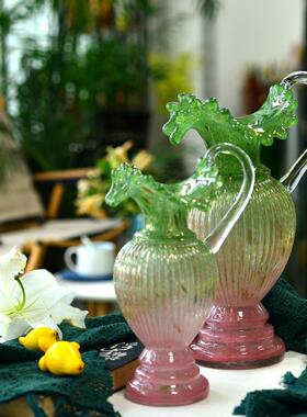 复古海苔绿渐变桃粉色洒金单提耳手工琉璃壶形花瓶水养插花器摆件