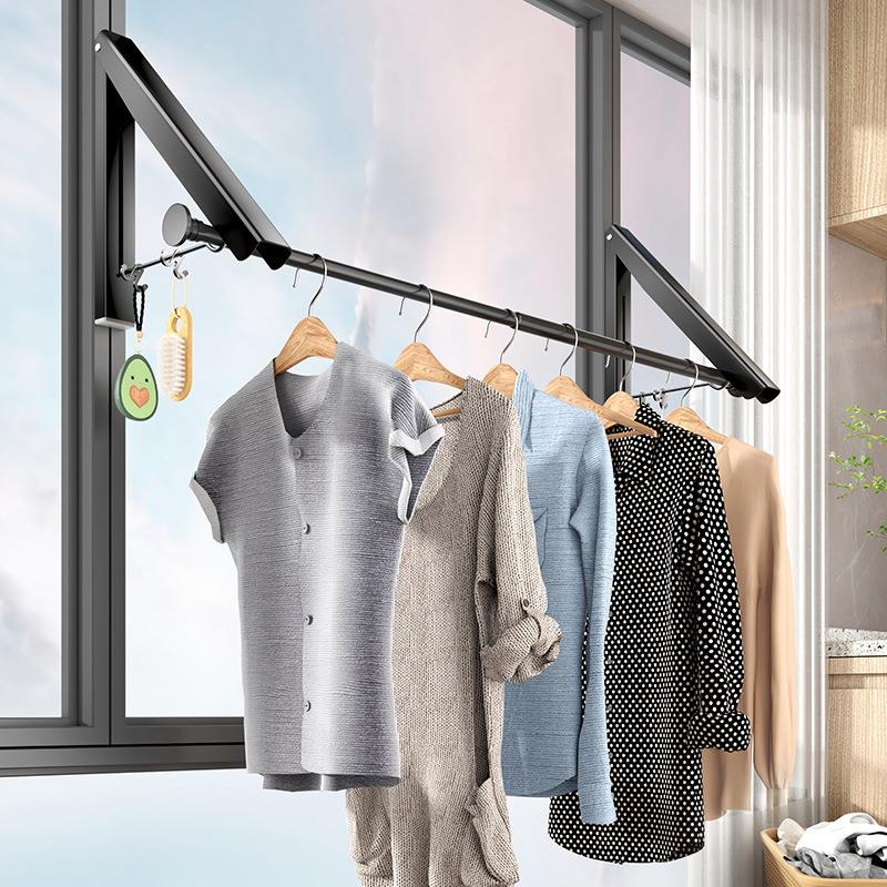 壁挂式可折叠晾衣杆室外阳台挂衣架免打孔隐形太空铝伸缩杆晾衣架