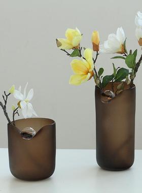磨砂高级茶棕色哑光手工直筒花瓶现代简约客厅干花玄关桌面花器