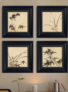 新中式客厅装饰画法式混搭墨竹国风壁画玄关书房黑色方形小框挂画
