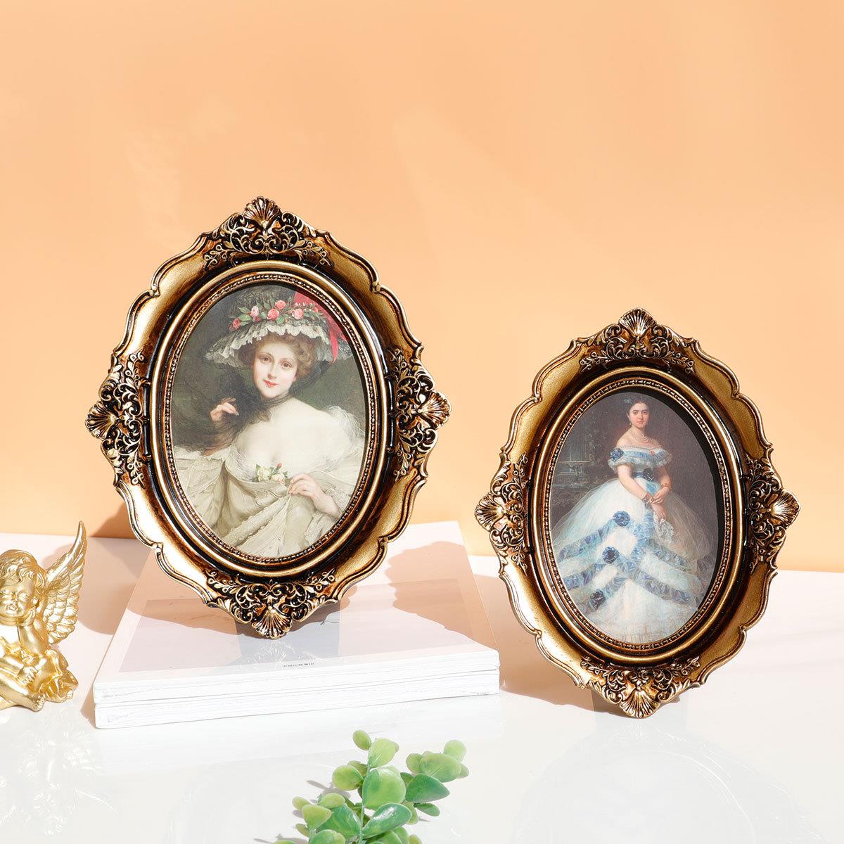 法式欧式雕花古典仿木椭圆复古做旧相框画框可挂墙古铜色树脂相框