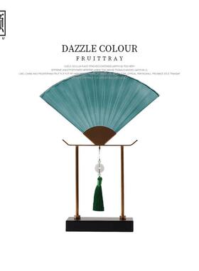 新中式禅意书房软装饰品样板房玄关酒柜轻奢屏风玻璃折扇金属摆件