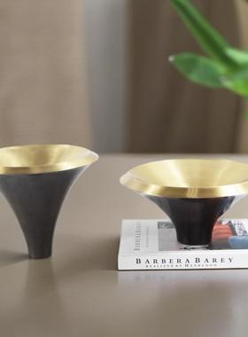 黑金拼色金属果盘茶几桌面日式果盘轻奢高级感金属摆件高脚果盘