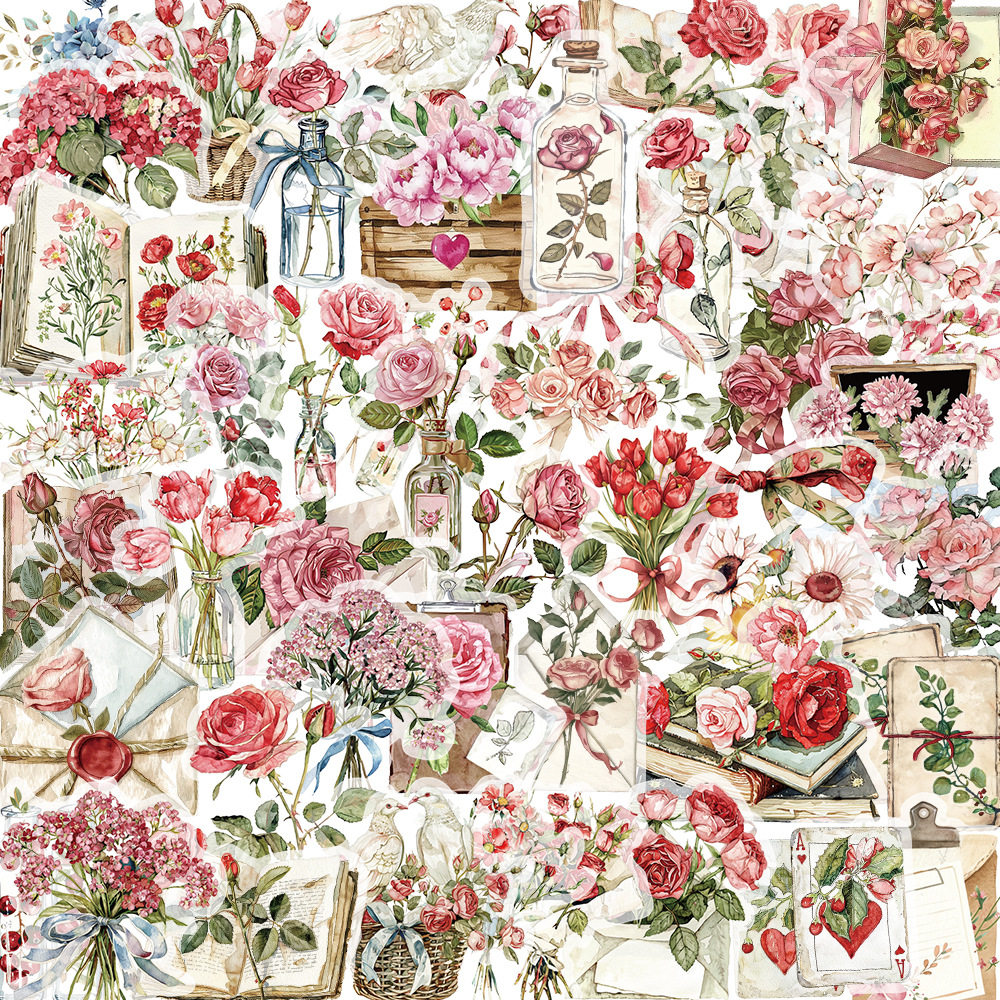 50张卡通花与书信PET透明贴纸贴纸手机壳手账素材行李箱电脑装饰