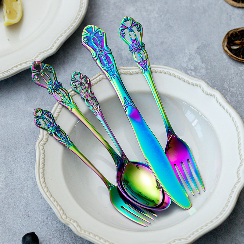 创意复古炫彩浮雕镂空手柄西餐具不锈钢西餐牛排刀叉勺子餐具套装