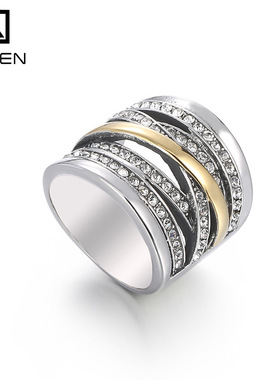 交缠指环多圈闪亮锆石时尚钛钢戒指女复古夸张宽面女间色戒指