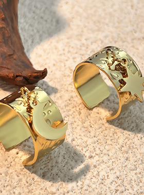 跨境中古戒指不锈钢镀18k金开口戒指小众设计感中东星月戒指