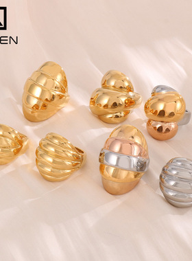 欧美法式风格ins风牛角包指环18k真金钛钢几何形风光面食指戒指