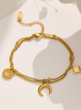 欧美INS不锈钢手链镀18k金真空电镀手环八芒星月亮吊坠钛钢手链