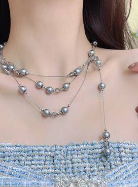 冷淡风银灰色珍珠满天星叠戴颈链长款项链女辣妹小众设计感锁骨链