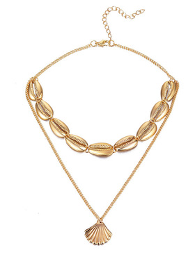 欧美时尚百搭金属质感双层颈链 合金贝壳扇贝吊坠项链 民族风项饰