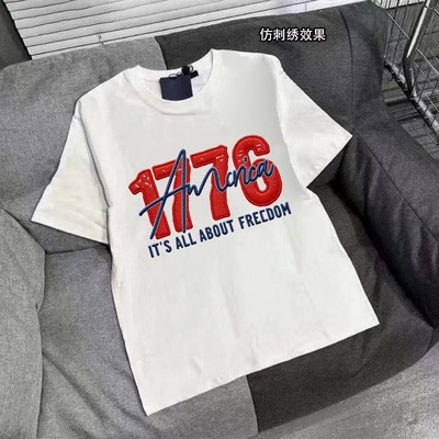 仿刺绣印花美式字母重磅纯棉短袖T恤男女夏季休闲半袖情侣衫上衣