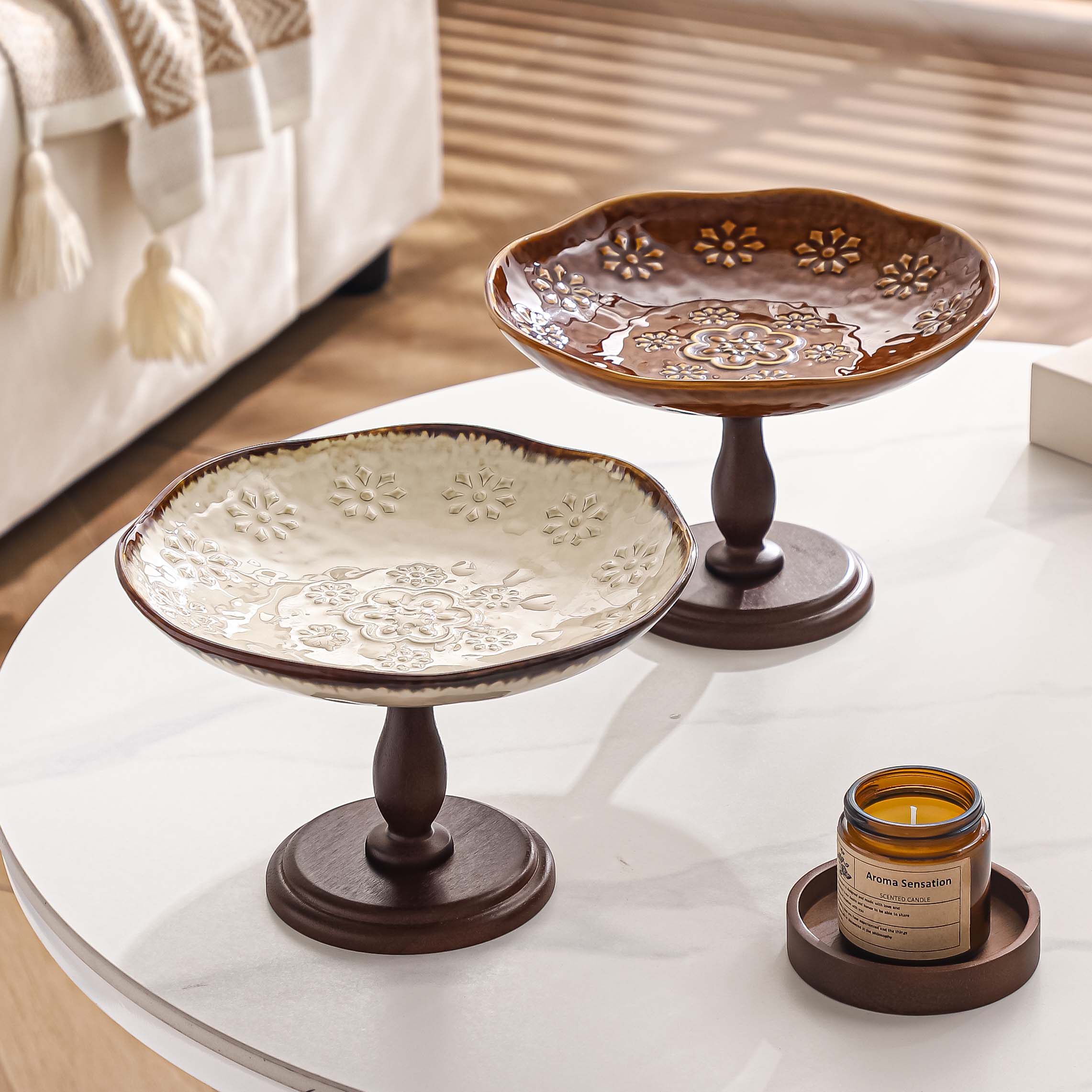 复古风雕花陶瓷高脚果盘客厅轻奢水果盘茶几摆件干果盘家用零食盘