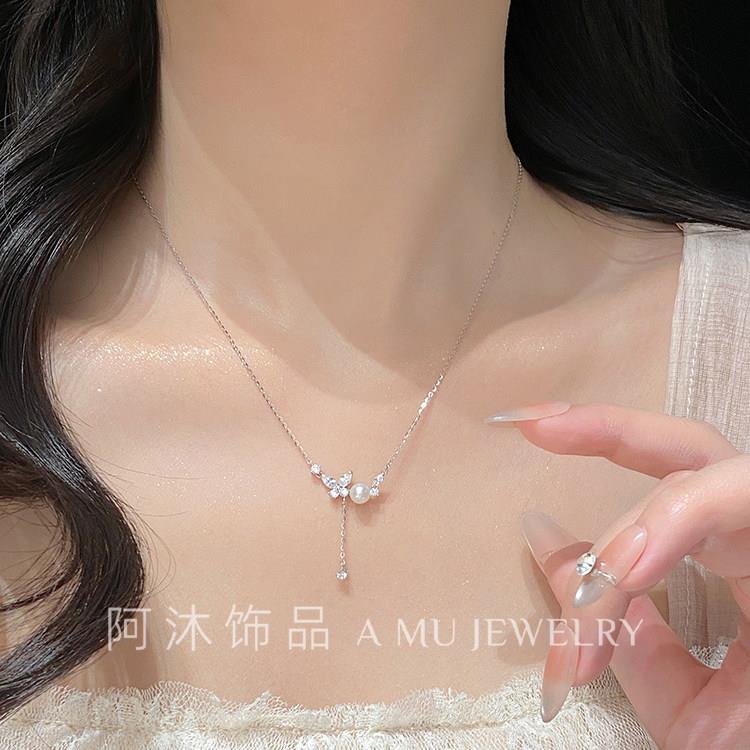 阿沐饰品纯银淡水珍珠蝴蝶项炼女2025新款轻奢小众高级感生日礼物