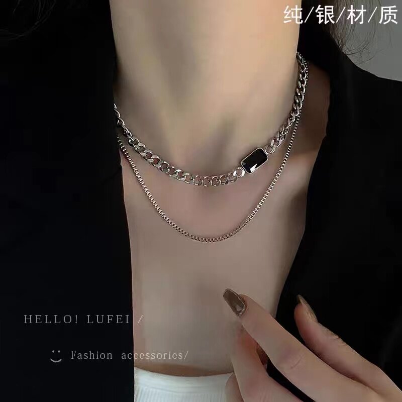 黑贝母纯银项链女秋冬毛衣链配饰高级感双层叠戴百搭锁骨链不褪色