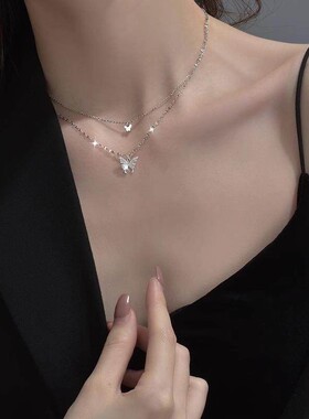 S999纯银双层蝴蝶项炼女锁骨炼轻奢小众高级感生日礼物送女友闺蜜