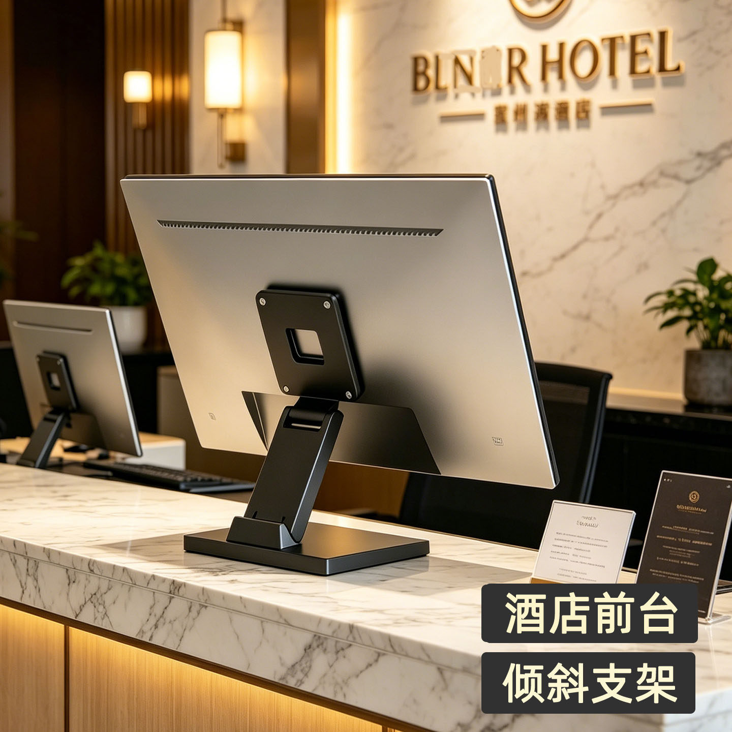 酒店前台电脑显示器斜放贴桌支架图片