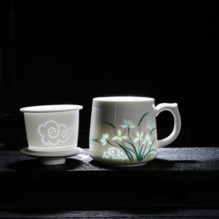 玲珑高端陶瓷茶杯茶水过滤杯子带盖办公杯大容量玲珑水杯马克杯