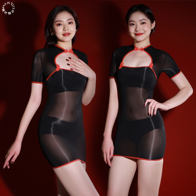 马油连体紧身包臀裙中式黑丝旗袍