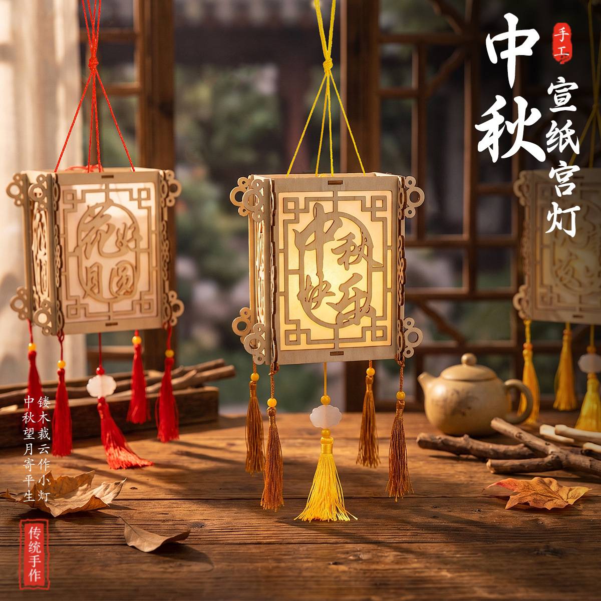 中秋木质宣纸灯笼diy材料包发光手提儿童活动道具古风创意小花灯