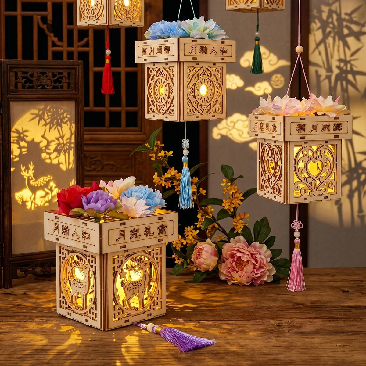 立体投影灯灯笼儿童diy手工古风花灯中式发光小夜灯小商品小摆件
