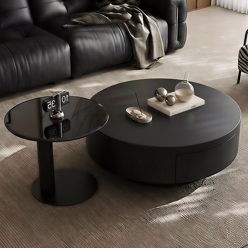 意式轻奢现代简约岩板茶几圆形大小组合带抽屉创意电视柜客厅家用