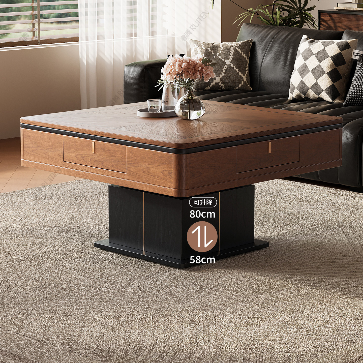 睿腾正品茶几麻将餐桌一体实木家用中古风多功能升降全自动麻将机