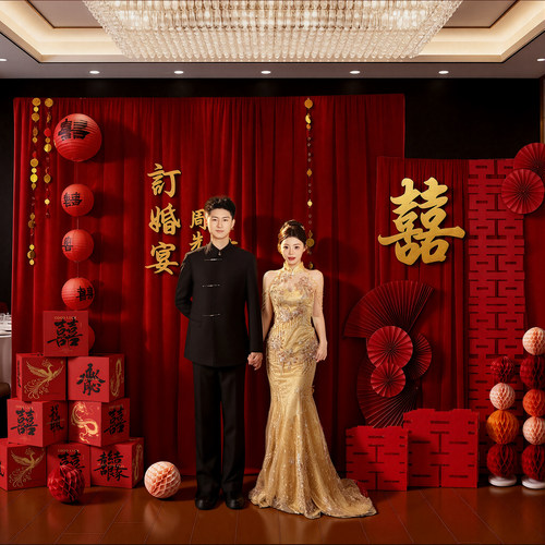 新中式布幔订婚布置订婚宴背景墙