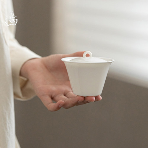 羊脂玉瓷二才盖碗创意泡茶碗德化白瓷手抓碗功夫茶具120ML敬茶碗