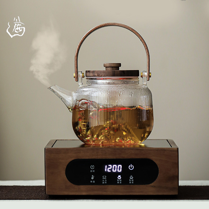 煮茶器家用烧水壶胡桃木电陶炉煮茶壶玻璃茶具套装小型电热蒸茶炉
