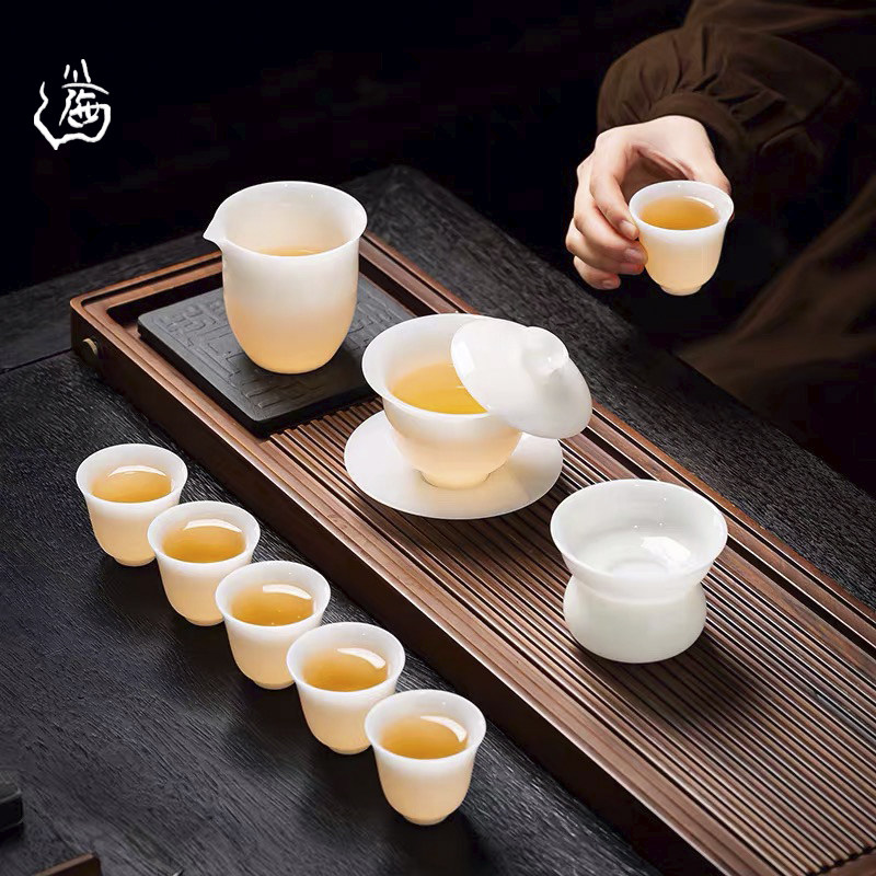 高档轻奢功夫茶具冰种璞玉瓷泡茶器悬停盖碗整套家用泡茶杯礼盒装