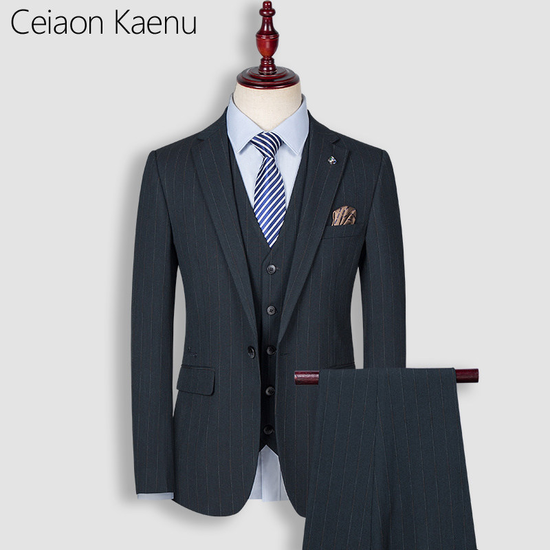 Ceiaon Kaenu条纹休闲西装套装男士商务正装结婚西服男韩版修身春