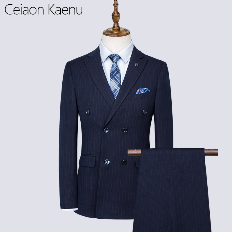 Ceiaon Kaenu条纹双排扣西装男套装英伦风新郎西服男休闲正装结婚