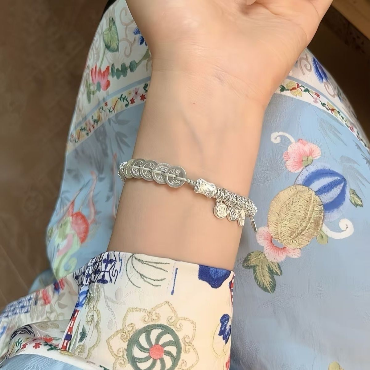 足银999五帝钱盘缠纯银手链平安喜乐手串新中式国风礼物