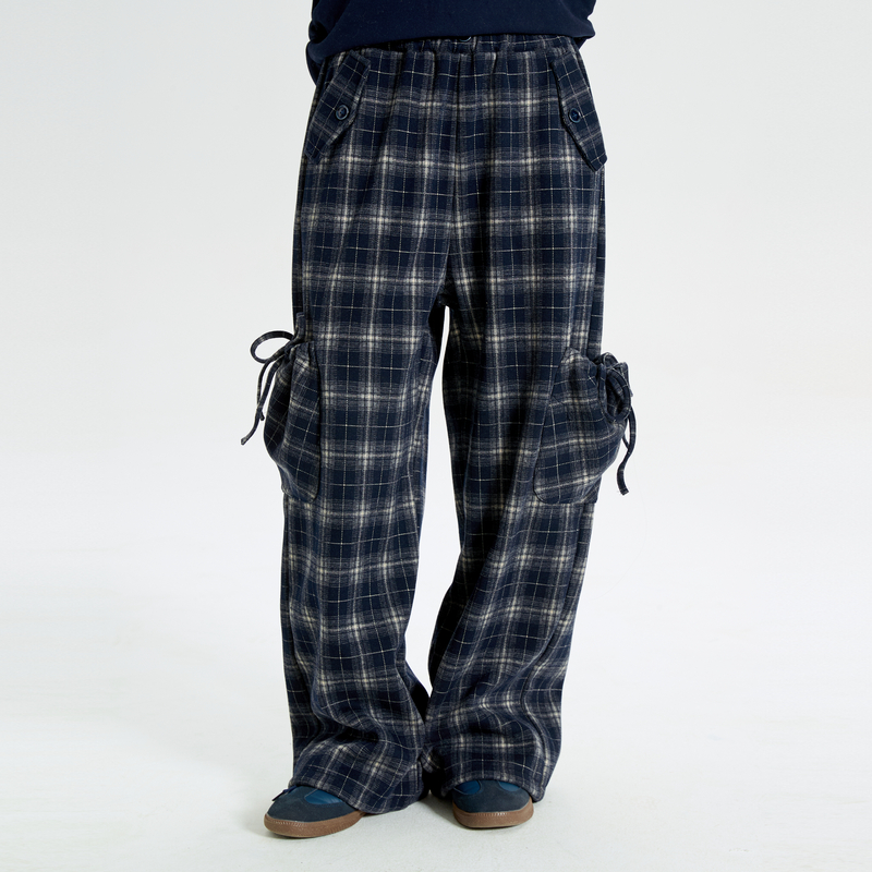 多多一上冬季新款女大童格纹加绒阔腿裤百搭女童加绒休闲长裤女