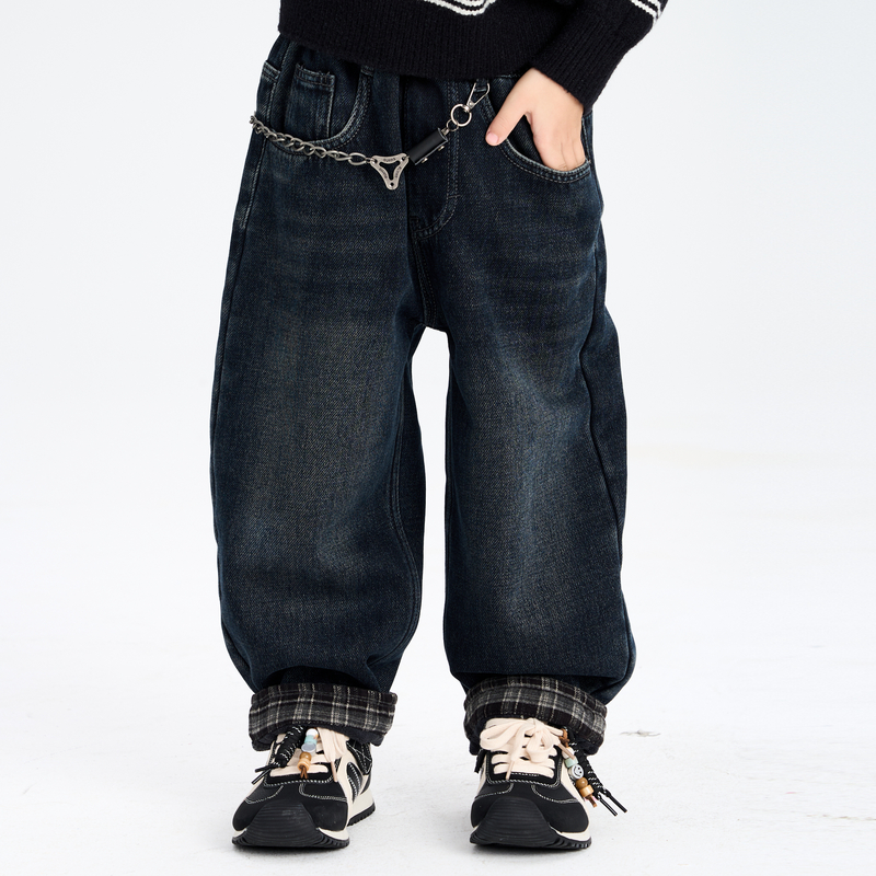 多多一上冬新款男小童格子翻边加绒牛仔裤深冬宽松牛仔长裤冬