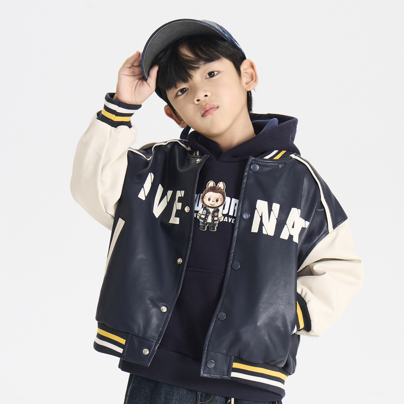 多多一上秋冬男小童皮外套新款帅气时髦深秋加绒棒球服皮夹克潮男