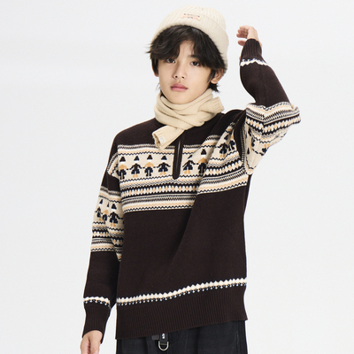 多多一上秋冬男大童拉链半高领提花毛衣男童百搭套头针织衫新款